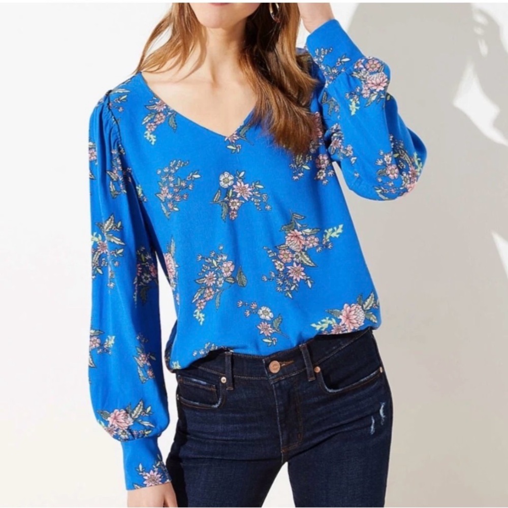 LOFT Royal Blue Floral V-Neck Blouse
